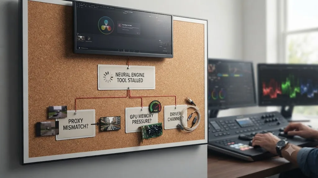 Illustration of a troubleshooting flowchart for a stalled DaVinci Resolve Neural Engine tool with three possible causes