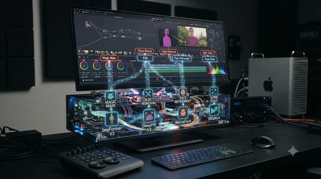 Illustration of AI model icons feeding into separate DaVinci Resolve tools from a shared layer underneath the interface