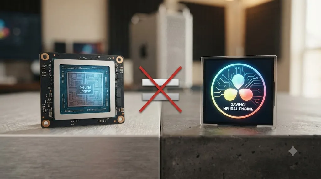 Illustration comparing Apple's physical Neural Engine chip against DaVinci Resolve's software Neural Engine with a crossed-out equals sign between them