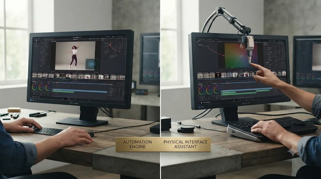 Illustration comparing DaVinci Resolve's built-in Neural Engine automation against the TryUncle assistant pointing at an on-screen control