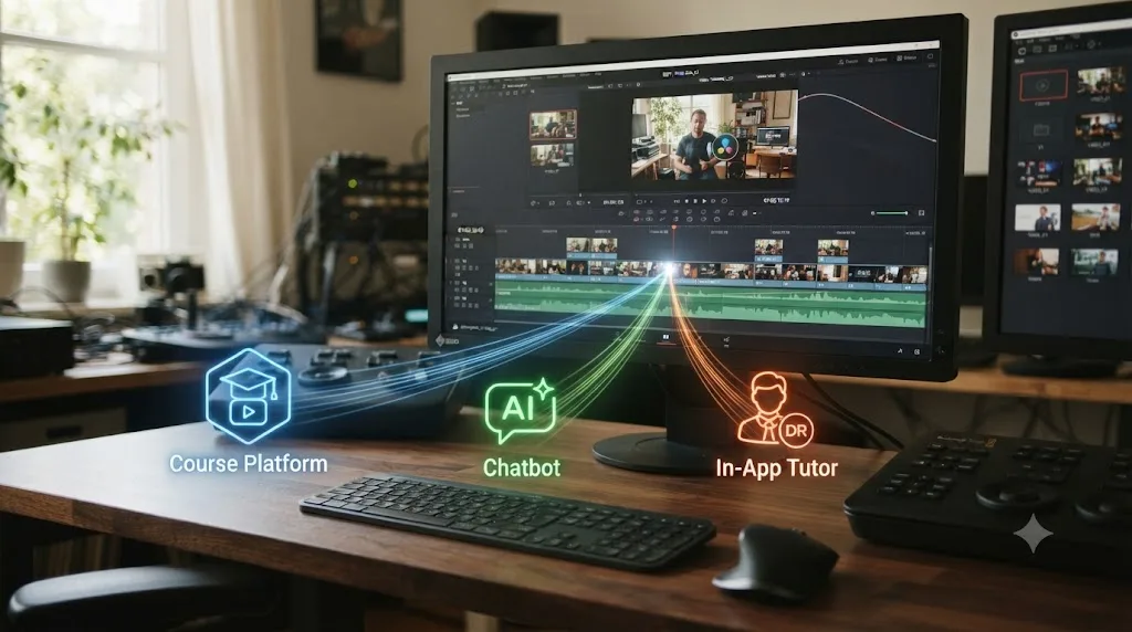 Illustration of several learning path icons converging toward a DaVinci Resolve timeline