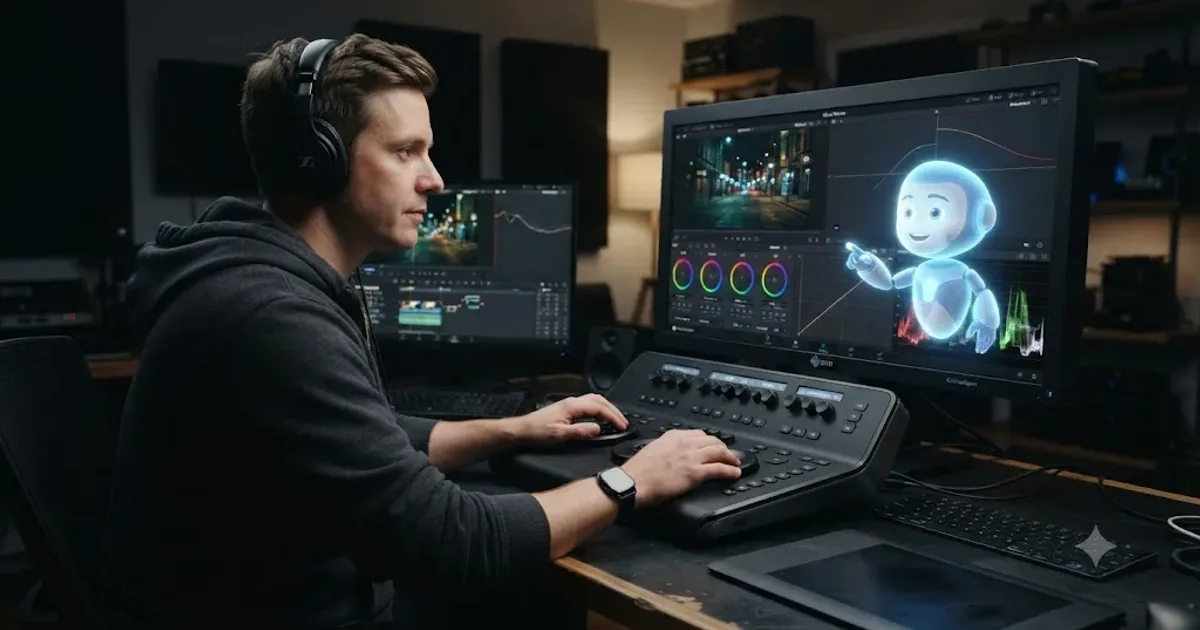 Illustration of an AI tutor character drawing a glowing box around a control inside a DaVinci Resolve color grading interface