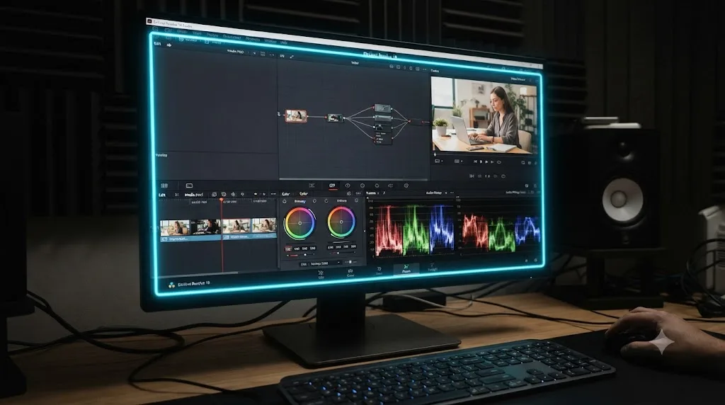 Illustration of a glowing outline highlighting the Edit, Color, and Fusion pages of a DaVinci Resolve style interface while an audio mixing page sits dimmed outside it