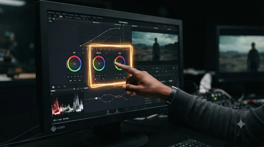 Illustration of a hand-drawn glowing box appearing around a color wheel control inside a DaVinci Resolve interface