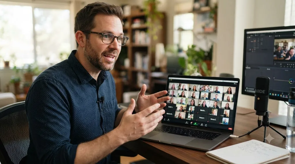 Illustration of a person presenting to a large online community of learners visible on a laptop screen