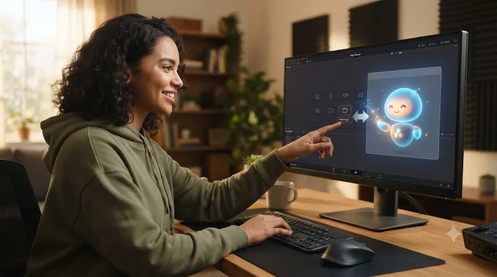 Illustration of a person opening DaVinci Resolve for the first time while a friendly AI tutor guides them through the interface