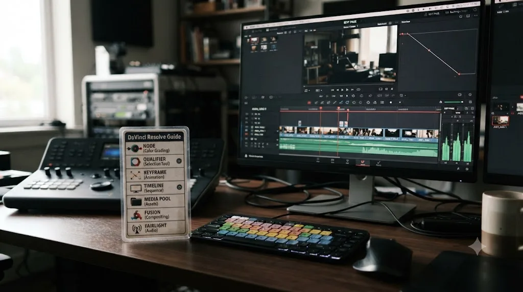 Illustration of a small reference card listing DaVinci Resolve interface terms next to an open editing timeline