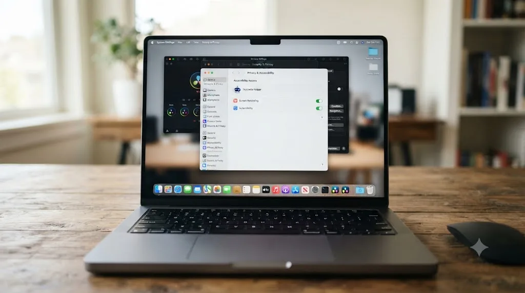 Illustration of a MacBook screen showing macOS permission toggles next to a small AI tutor icon
