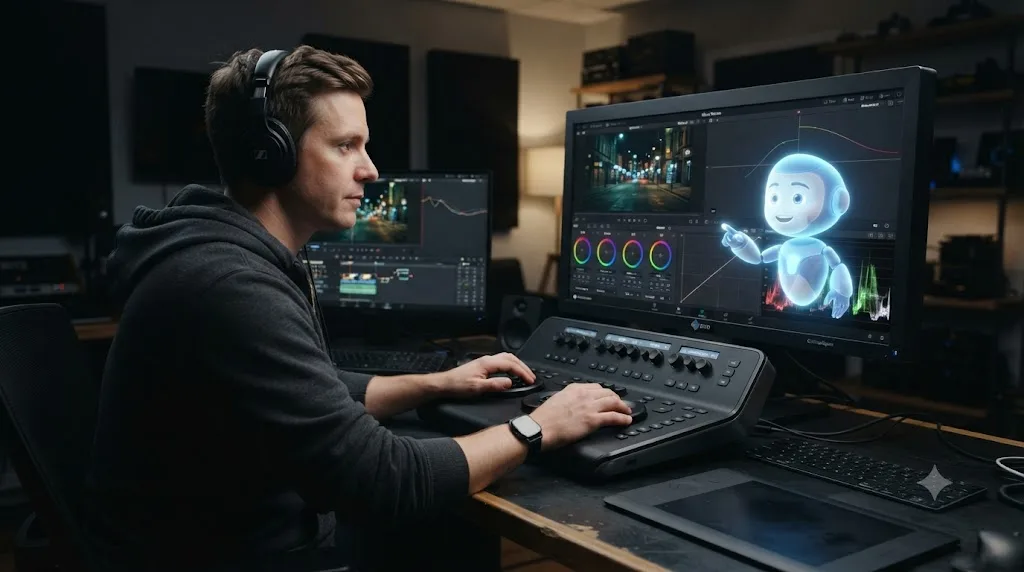 Illustration of a person color grading in DaVinci Resolve while a small AI tutor character points at a control on screen