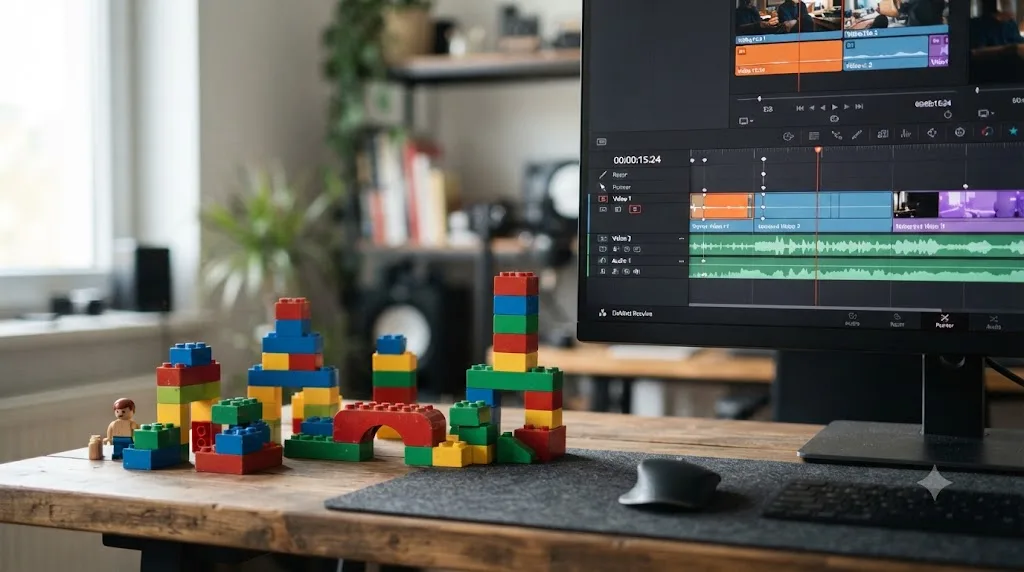 Illustration of colorful building blocks next to a video editing timeline, representing learning through play