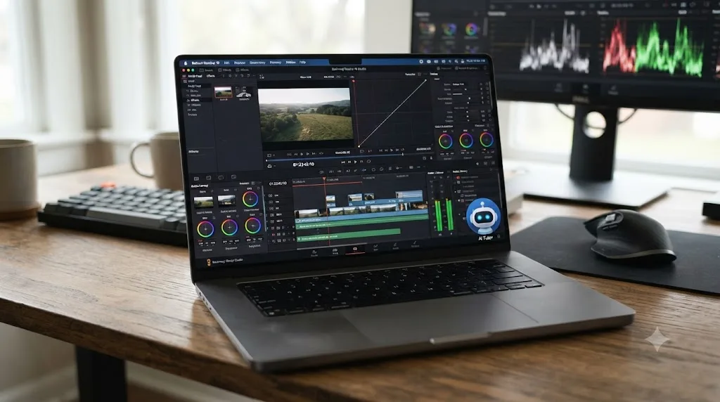 Illustration of a MacBook displaying a DaVinci Resolve interface with a small AI tutor icon in the corner