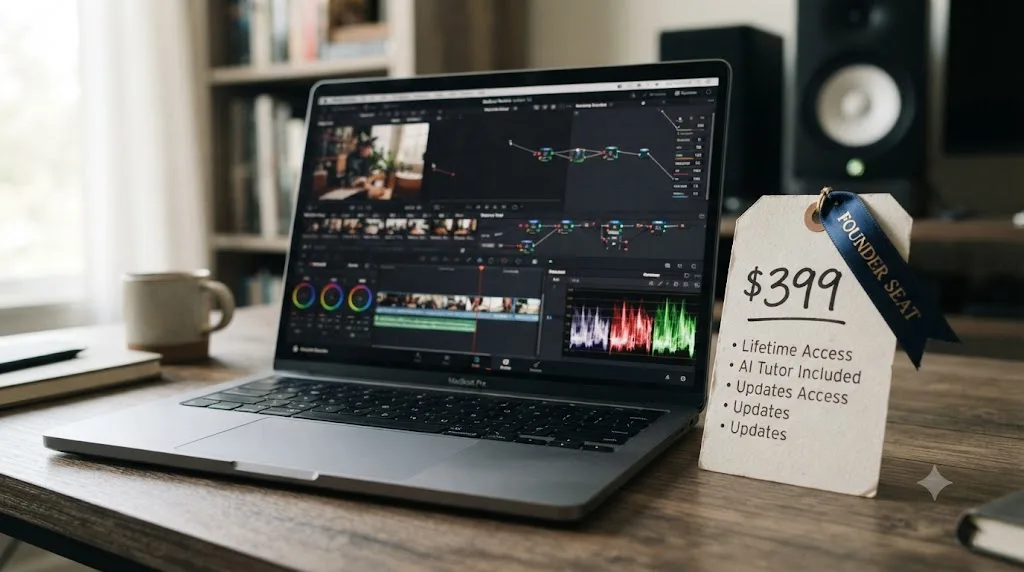 Illustration of a pricing tag with a founder seat ribbon next to a laptop running DaVinci Resolve