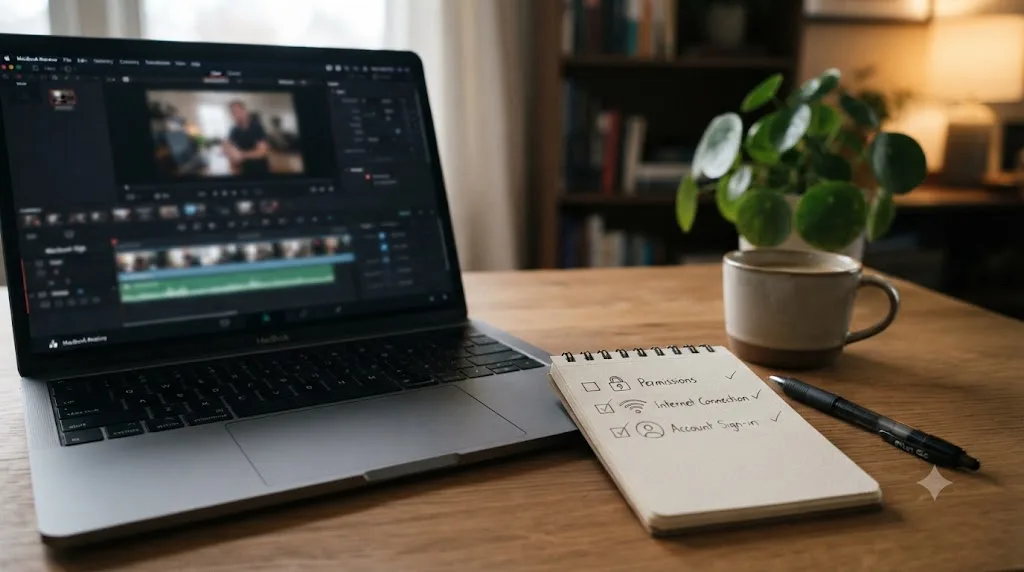 Illustration of a checklist with icons representing permissions, internet connection, and account sign-in next to a MacBook