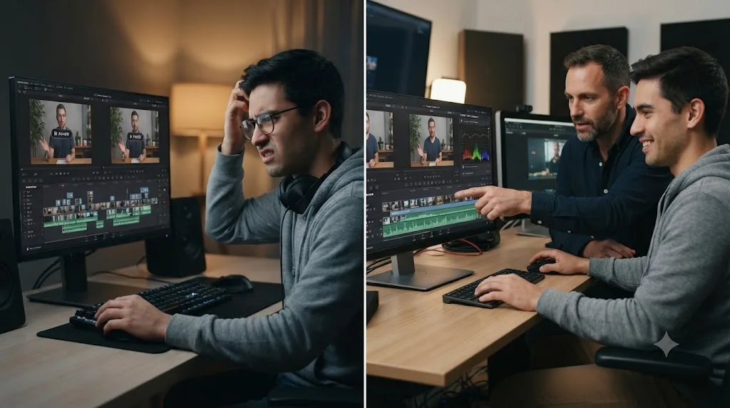 Illustration of a split scene contrasting a person pausing a tutorial video with a person being guided directly inside their own editing project