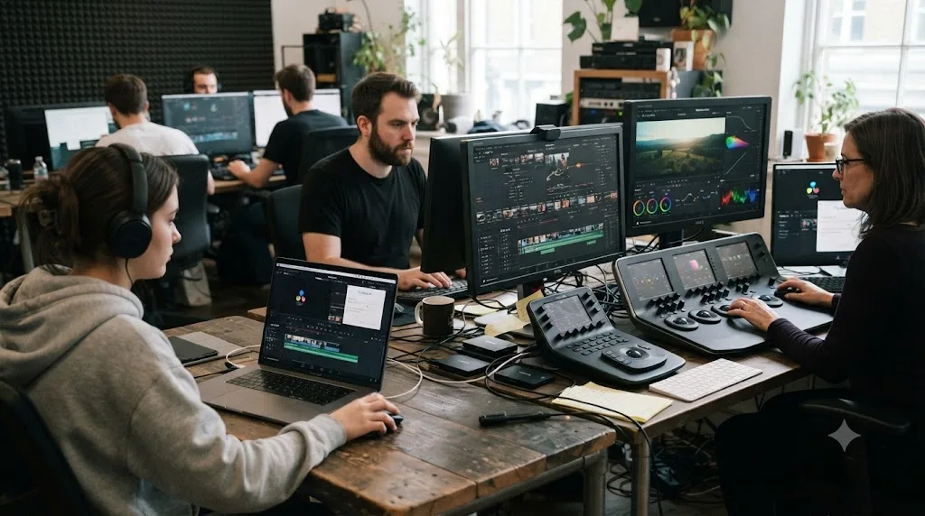 Illustration of several different editors each working on their own separate DaVinci Resolve project