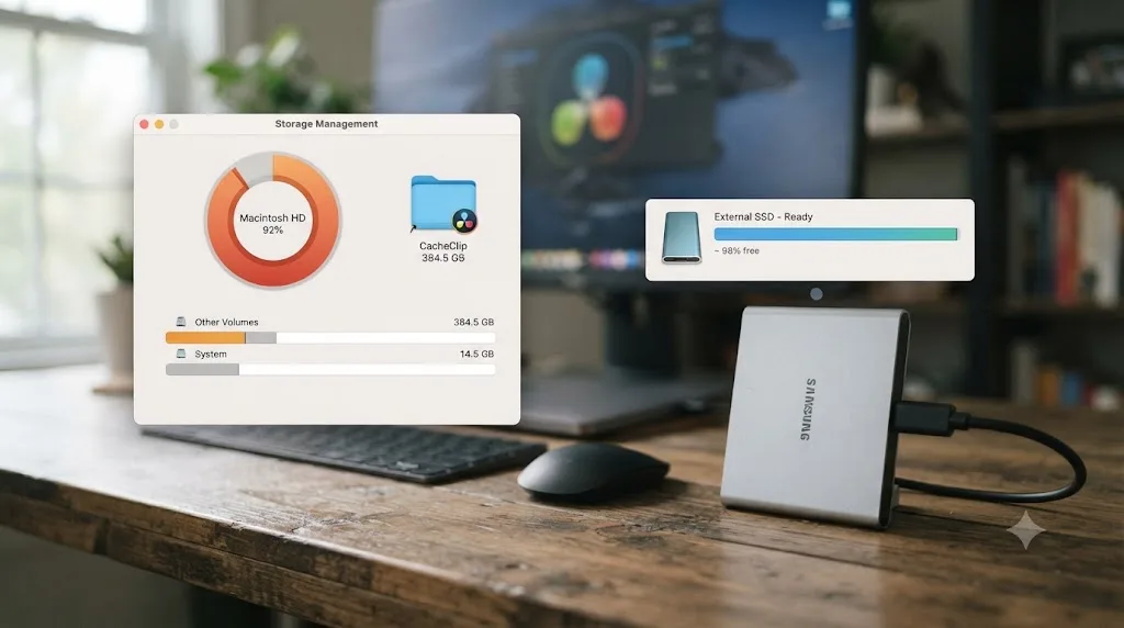 Illustration of a nearly full disk usage gauge with a DaVinci Resolve cache folder identified as the largest contributor, beside a fresh SSD with free space