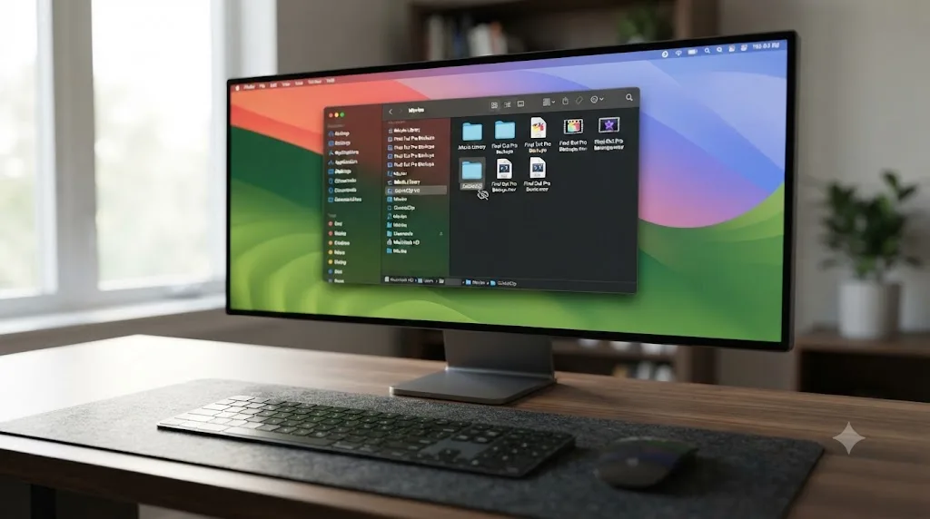 Illustration of a macOS Finder window showing a Movies folder with a hidden CacheClip subfolder revealed