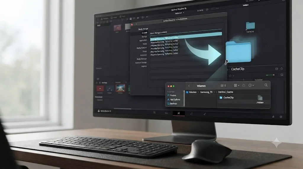 Illustration of the first entry in a DaVinci Resolve media storage list generating a hidden CacheClip folder