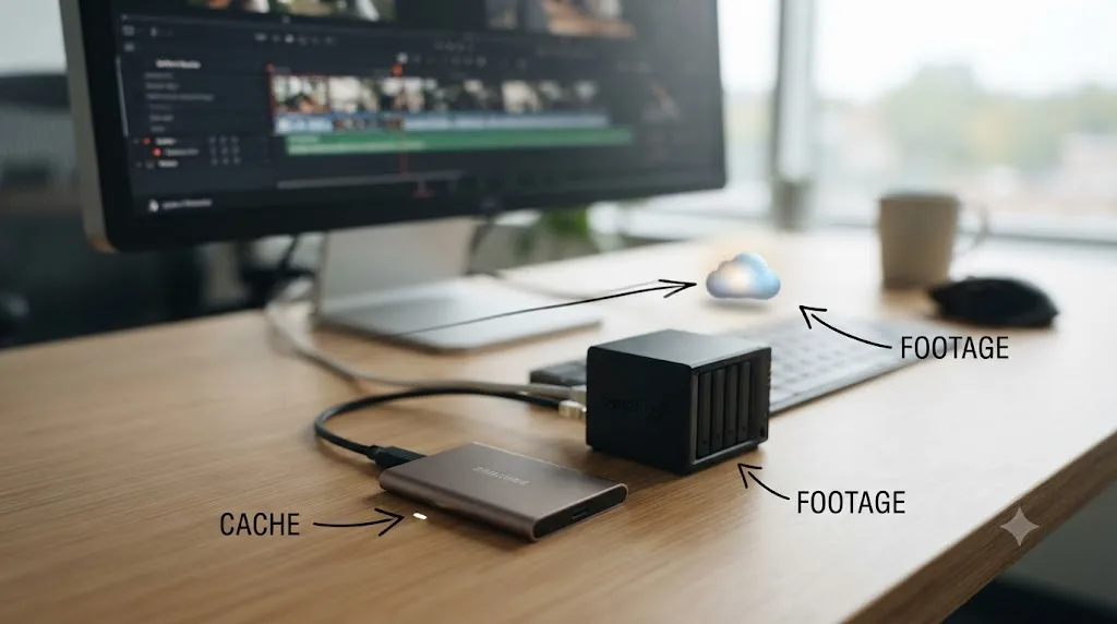 Illustration of a local SSD listed first for cache ahead of a NAS and cloud storage icon reserved for footage in a DaVinci Resolve media storage chain