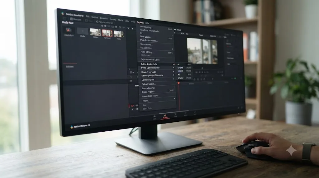Illustration of a DaVinci Resolve Playback menu showing Delete Render Cache, Delete Optimized Media, and Delete Proxy Media options