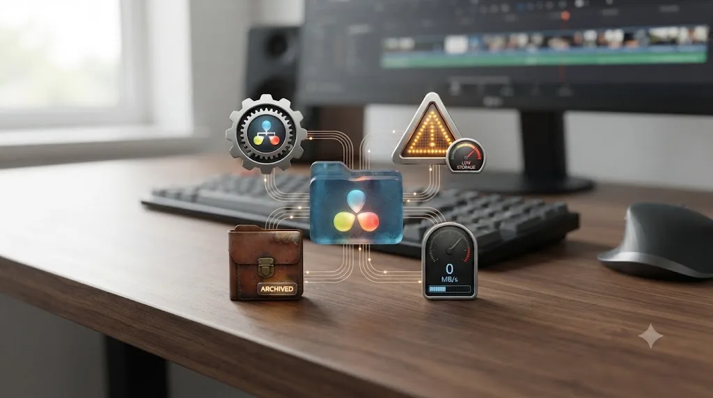 Illustration of four related DaVinci Resolve settings icons arranged around a central cache folder icon