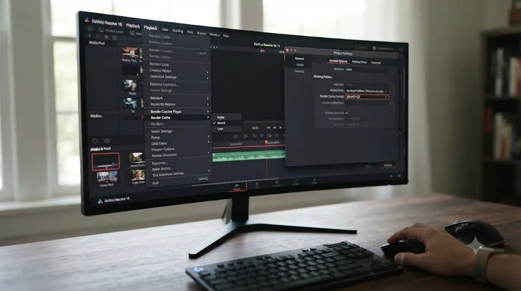 Illustration of a DaVinci Resolve Playback menu showing Render Cache mode options next to a Working Folders panel showing a render cache format dropdown