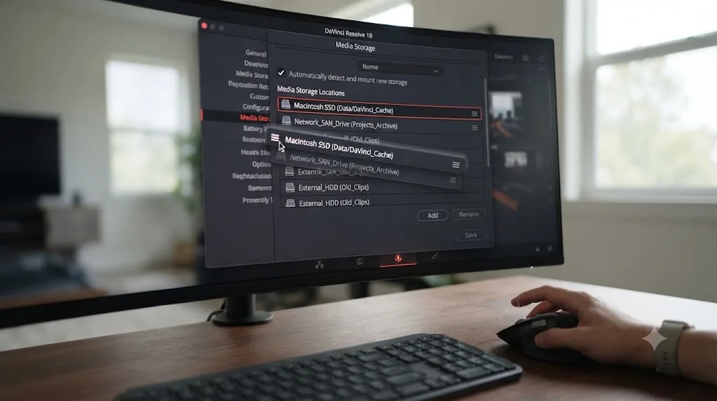 Illustration of a DaVinci Resolve Preferences Media Storage panel with a local SSD being dragged to the top of the list above a network drive