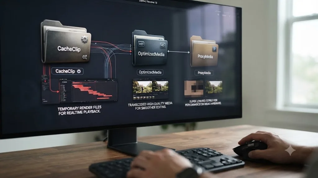 Illustration of three DaVinci Resolve folder icons for cache, optimized media, and proxy media each labeled with its job