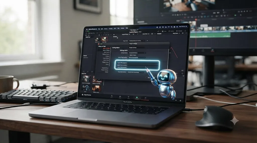 Illustration of an on-screen assistant drawing a glowing outline around a Cache Files Location field on a DaVinci Resolve laptop screen