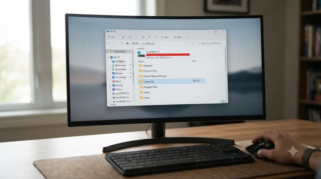 Illustration of a Windows File Explorer window showing a system drive nearly full because of a DaVinci Resolve cache folder