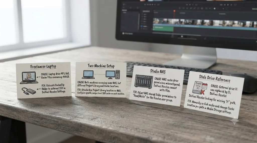 Illustration of several worked diagnostic examples for DaVinci Resolve cache location problems, each showing its identified cause and fix