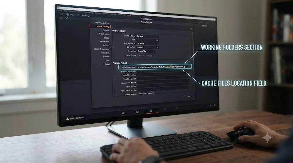 Illustration of a DaVinci Resolve Project Settings panel with the Working Folders section and Cache Files Location field labeled