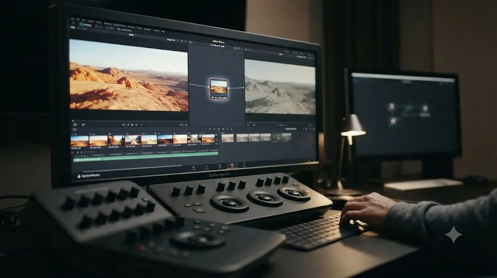 Illustration of a colorful timeline of footage passing through a Color Space Transform node and coming out visibly less saturated