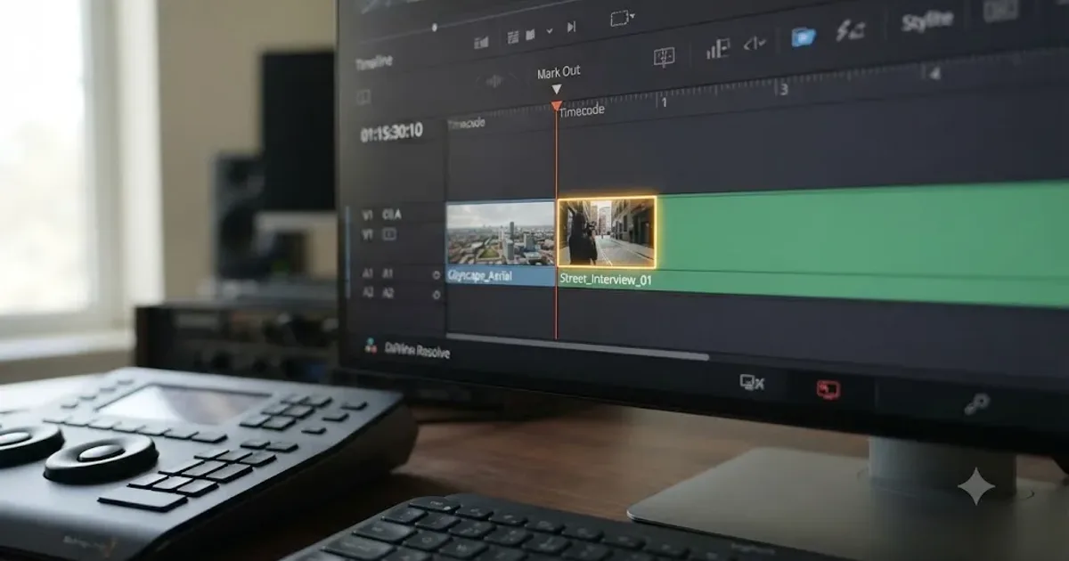 Illustration of a DaVinci Resolve timeline playhead sitting on the first frame of the next clip while an out point is being marked