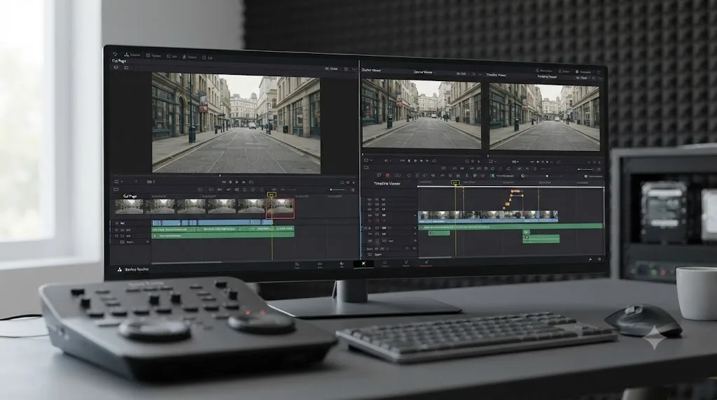 Illustration comparing the DaVinci Resolve Cut page single viewer against the Edit page dual Source and Timeline viewer layout