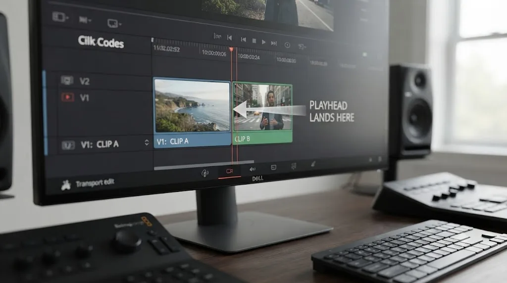 Illustration of a DaVinci Resolve edit point diagram showing the boundary between two clips and where the playhead lands during navigation