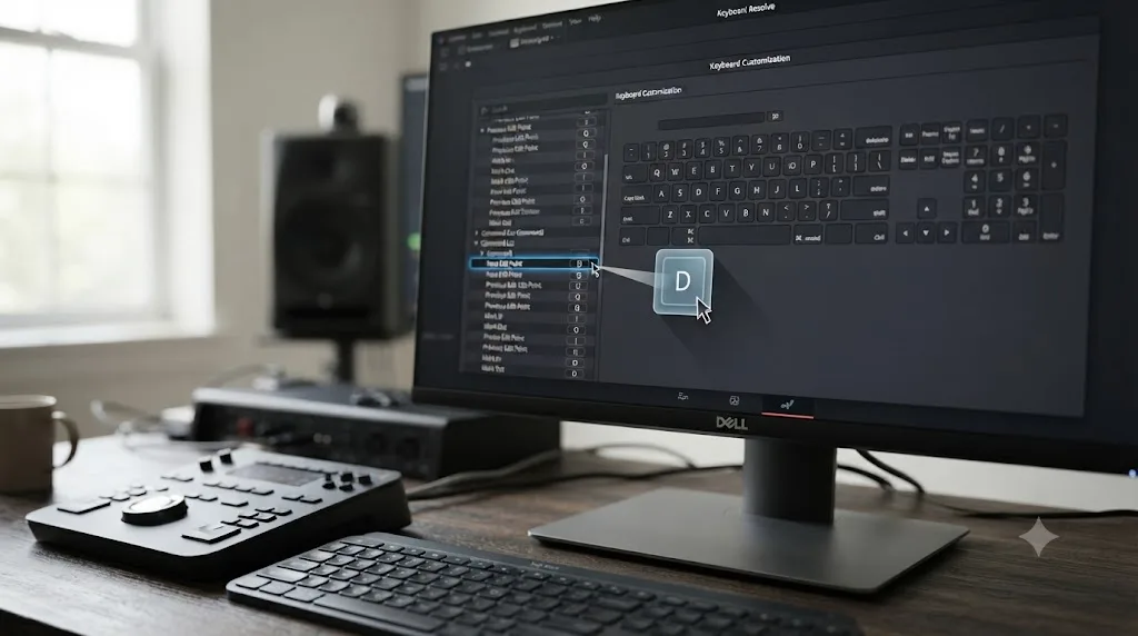 Illustration of a DaVinci Resolve Keyboard Customization window showing a custom key remapped to the Next Edit Point command