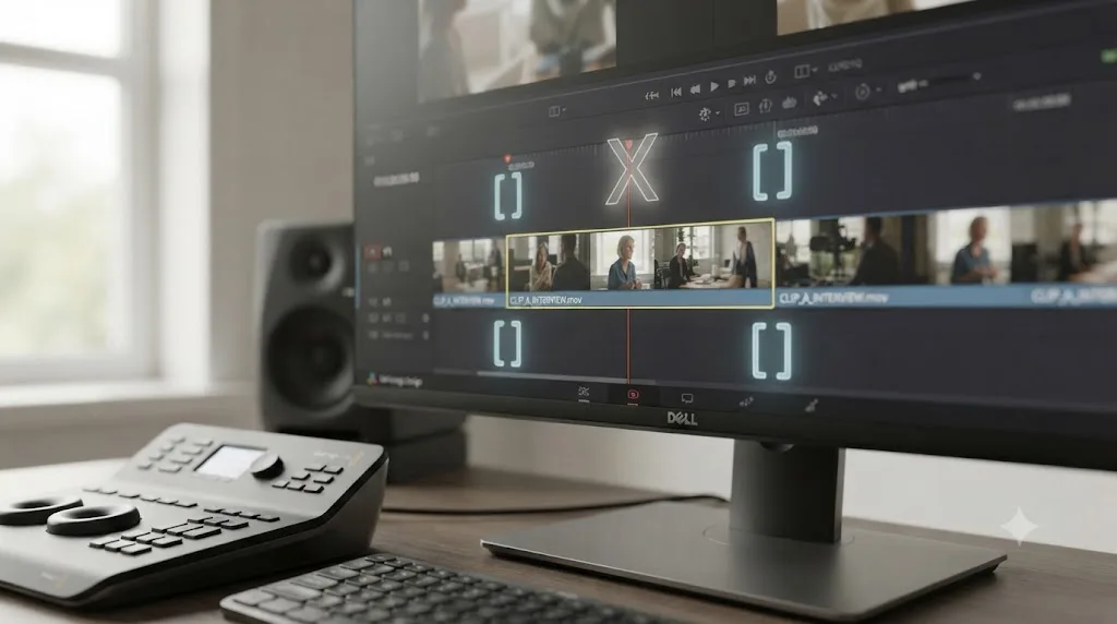 Illustration of the DaVinci Resolve Mark Clip shortcut setting in and out points to match a selected clip's exact boundaries