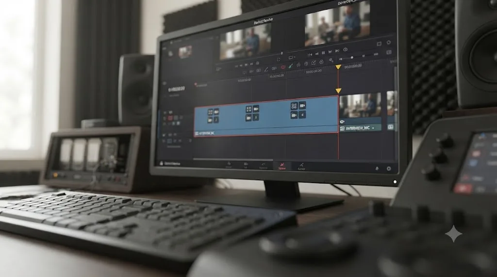 Illustration of a DaVinci Resolve multicam clip on a timeline treated as a single clip with an out point marked at its boundary