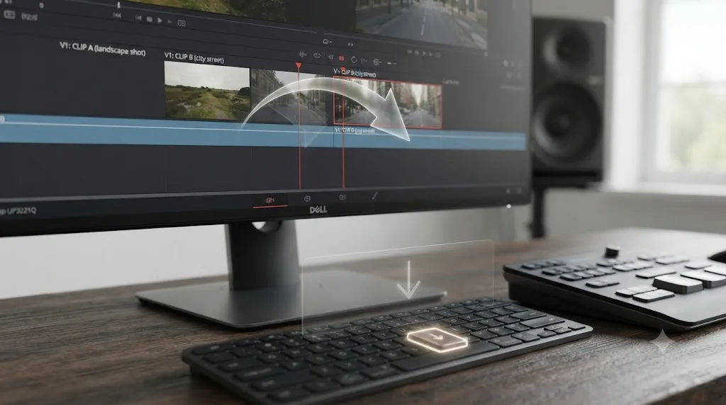 Illustration of the Down Arrow keyboard shortcut jumping a DaVinci Resolve playhead to the next clip's first frame