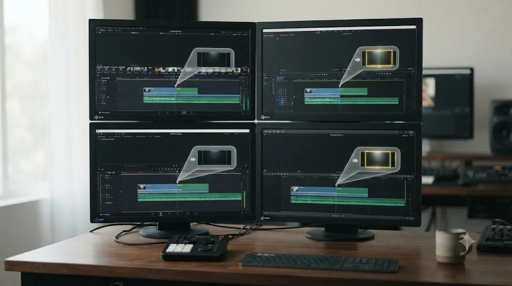 Illustration comparing out point behavior across DaVinci Resolve, Premiere Pro, Avid Media Composer, and Final Cut Pro timelines