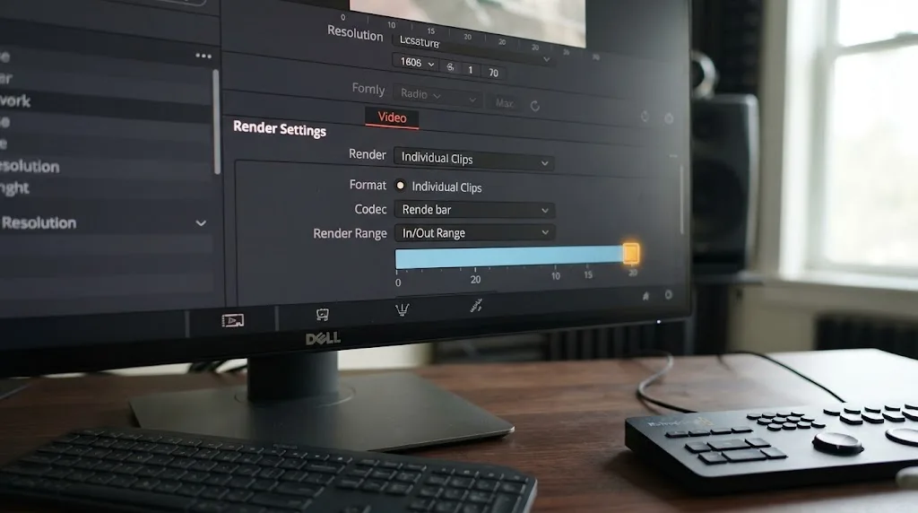 Illustration of the DaVinci Resolve Deliver page render range setting with an extra frame highlighted at the end of the render bar