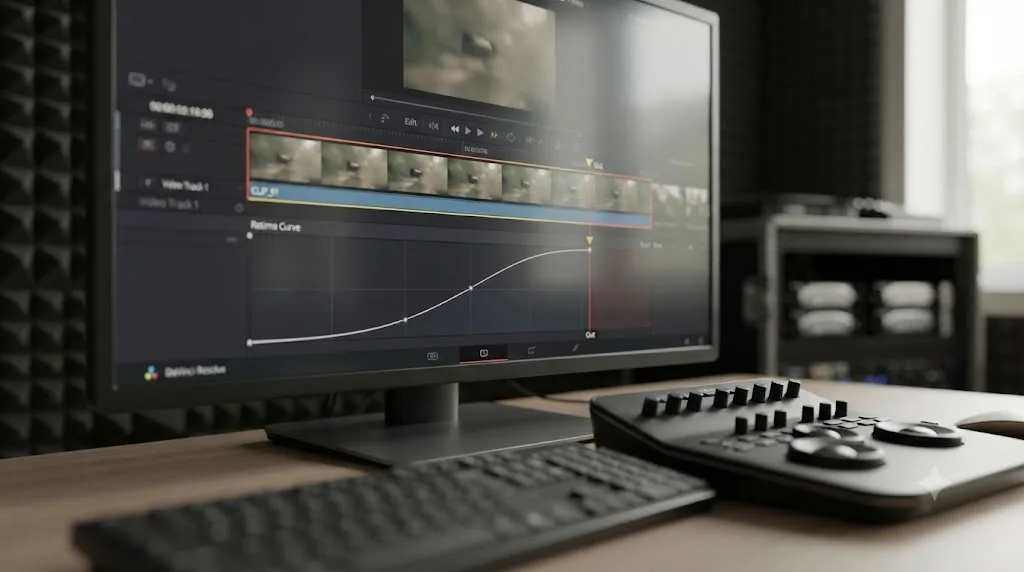 Illustration of a DaVinci Resolve Retime Curve stretching a clip's frames with an out point marked near the stretched boundary