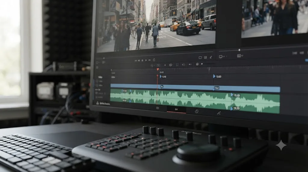 Illustration of the DaVinci Resolve Source Viewer jog bar with separate video and audio in and out point markers for a split edit
