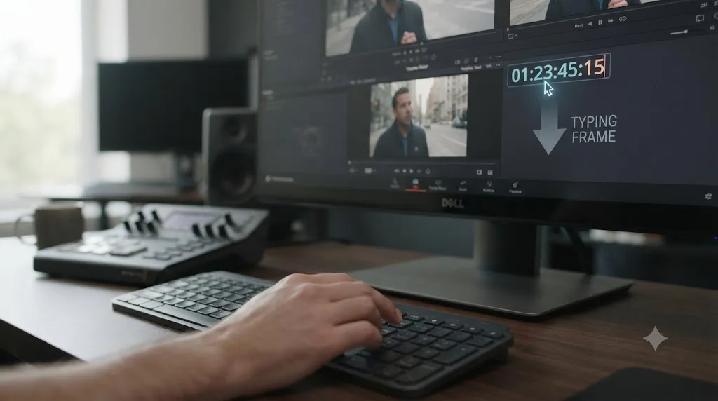 Illustration of a DaVinci Resolve timecode field being typed directly to set an exact frame instead of scrubbing