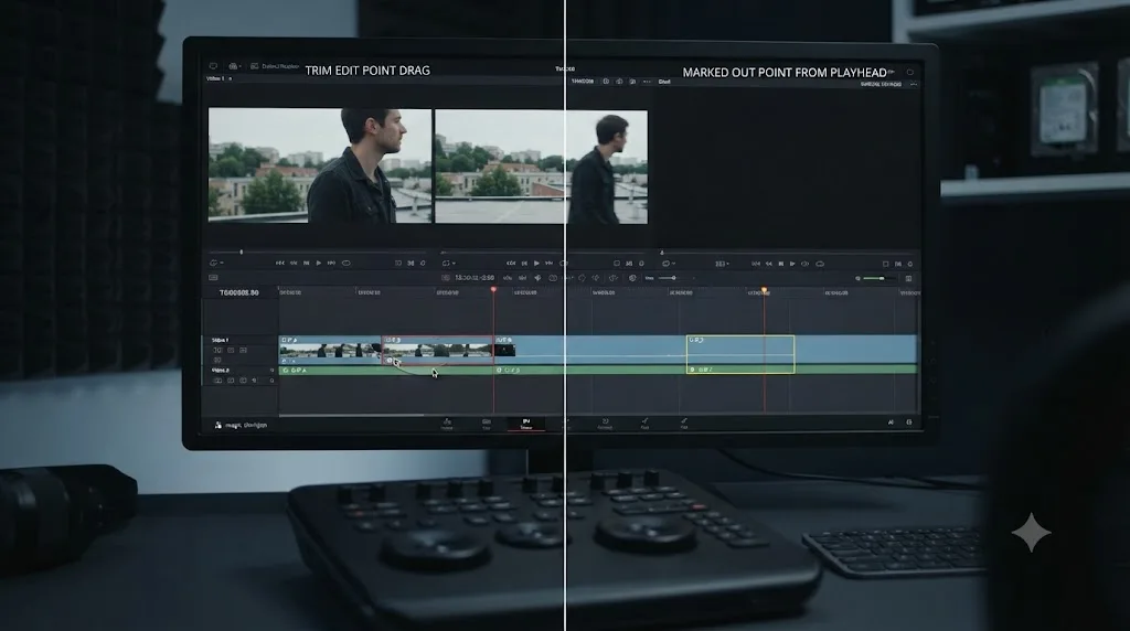 Illustration comparing a DaVinci Resolve trim edit point drag showing a live frame preview against a marked out point from playhead navigation