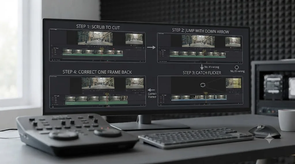 Illustration of a diagnostic flowchart for catching and fixing a DaVinci Resolve out point that grabbed the next clip