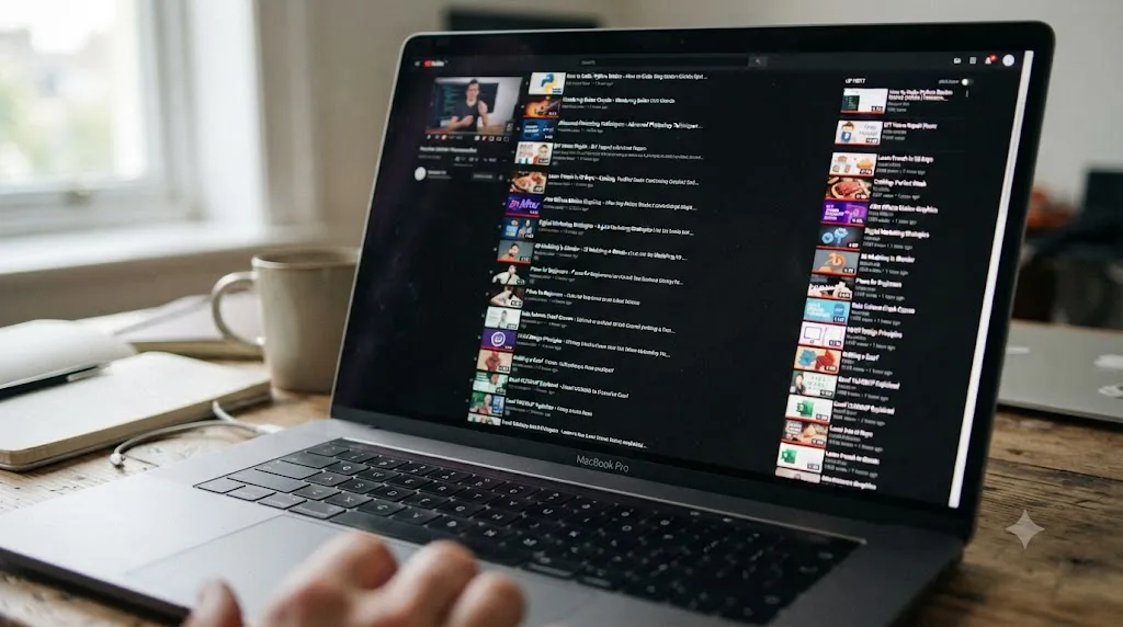 Illustration of an endless queue of recommended tutorial videos stacking up on a screen