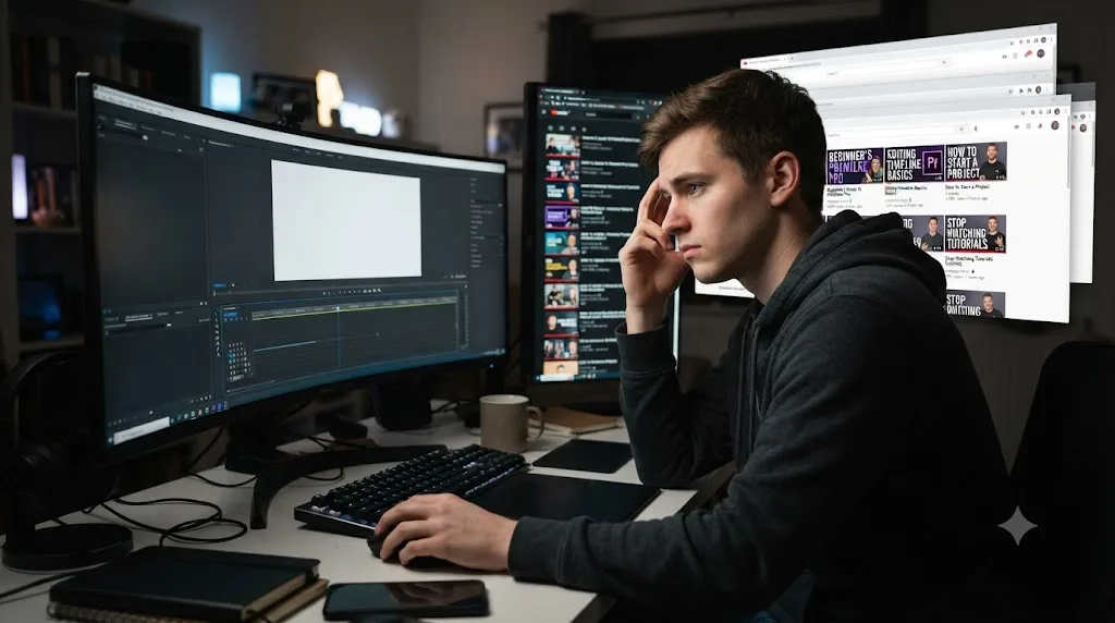Illustration of a beginner hesitating in front of a blank timeline with tutorial thumbnails floating nearby