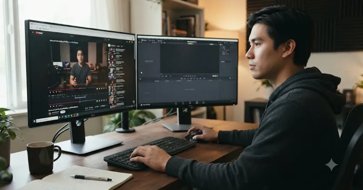 Illustration of a person watching a tutorial video on one monitor while an empty timeline sits untouched on another